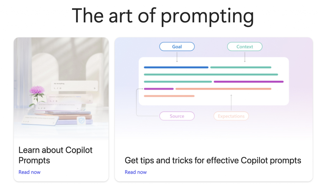 Screenshot of Microsoft Copilot prompt gallery section of the art of prompting.